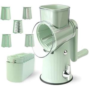 TOPAA Rotary Cheese Grater with Handle Vegetable Shredder with 5 Blades, Round Mando line Slicer and Food Chopper for Kitchen (Green)