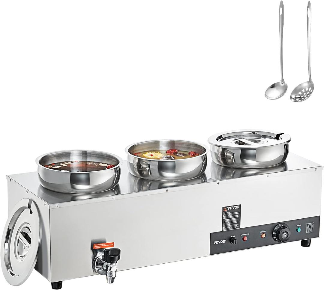 VEVOR Electric Soup Warmer, Three 7.4QT Stainless Steel Round Pot 86~185F Adjustable Temp, 1200W Commercial Bain Marie with Anti-dry Burn and Reset Button, Soup Station for Restaurant, Buffet, Silver