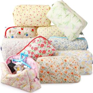 Paterr 10 Pcs Quilted Makeup Bag Bulk Cotton Floral Cosmetic Bag Women Girls Bridesmaid Gifts Cute Makeup Pouch Coquette Aesthetic Travel Toiletry Organizer(Classic Style, 7.87 x 4.72 x 3.15 Inches)