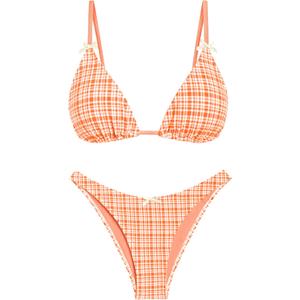 seamoly Women's Bikini Sets Tie Back Bowknot Two Piece Swimsuits Triangle Thong Bathing Suit Gingham Floral Cherry Printing (X-Large, Orange Plaid)