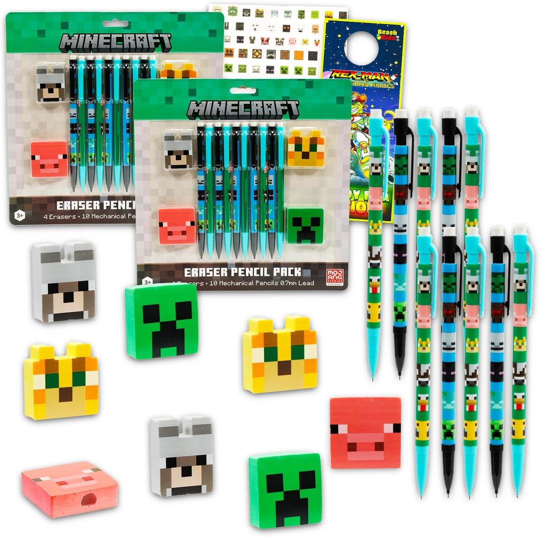 Minecraft Mechanical Pencils and Erasers Party Favors Bulk, 20 Pencils and 8 Erasers for Goodie Bags, Loot Bags, Classroom Prizes Plus More | Minecraft Party Supplies Kids, Boys, Girls