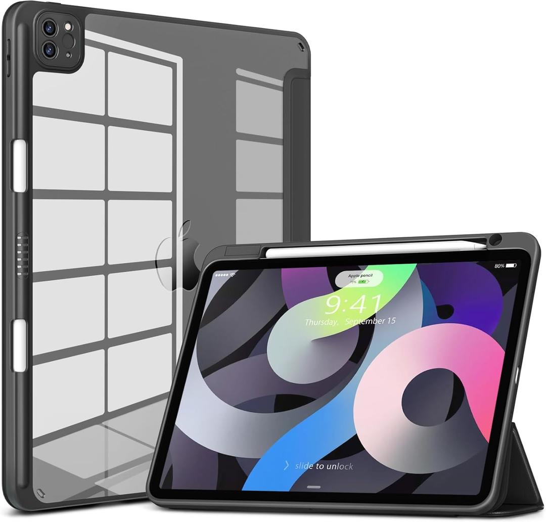 DTTOCASE for iPad Pro 11 Inch 4th/3rd/2nd/1st Generation Case, iPad Air 11-inch / 5th / 4th Generation Case with Clear Back,Pencil Holder,Auto Sleep/Wake,Camera Protection,Black