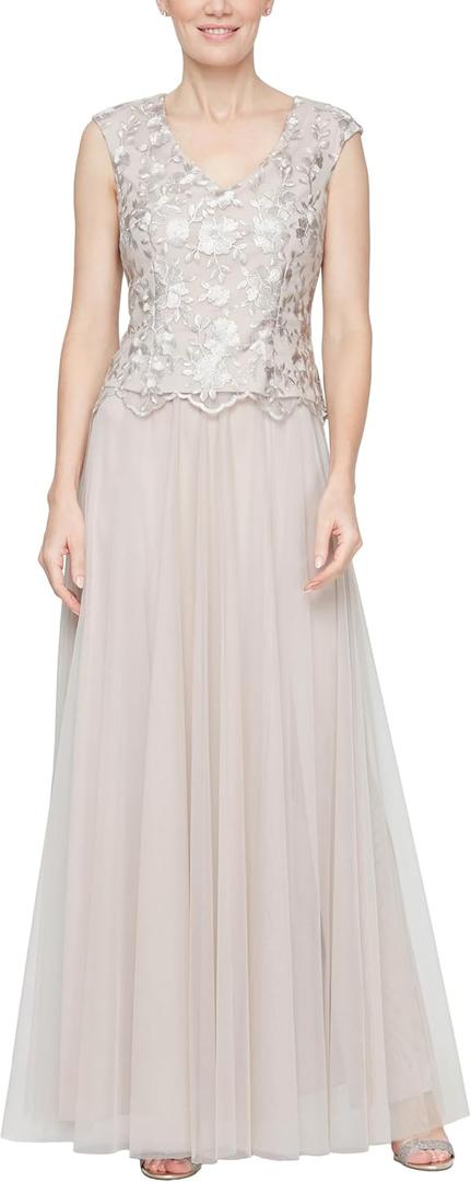Alex Evenings Women's Long V-Neck Embroidered Mother of The Bride Dress W/Cap Sleeves, Full Skirt (Size 8 Petite)