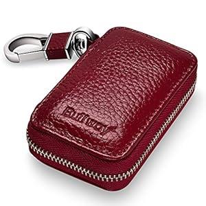 Buffway Car Key Chain Bag, Genuine Leather Car Keychain Coin Holder Metal Hook and Keyring Wallet Zipper Case for Auto Remote Key Fob - Cherry