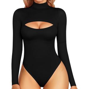 MANGOPOP Women's Mock Neck Cutout Front Bodysuit Long Sleeve Sleeveless Turtle Neck Body Suits Sexy Tops, S, Black