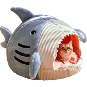 QWINEE Cat Mat Shark-Shaped Kennel Kitten Bed Hideout House Warm Soft Comfortable Semi-Closed Cat Dog Nest Blue L
