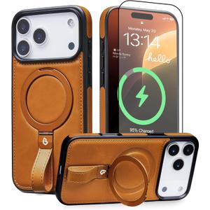 for iPhone 17 Pro Max Case Leather | iPhone 17 Pro Max Leather Case with Stand | Compatible with MagSafe with Magnetic Ring Grip Holder (Brown, IP17 Pro Max-6.9inch)