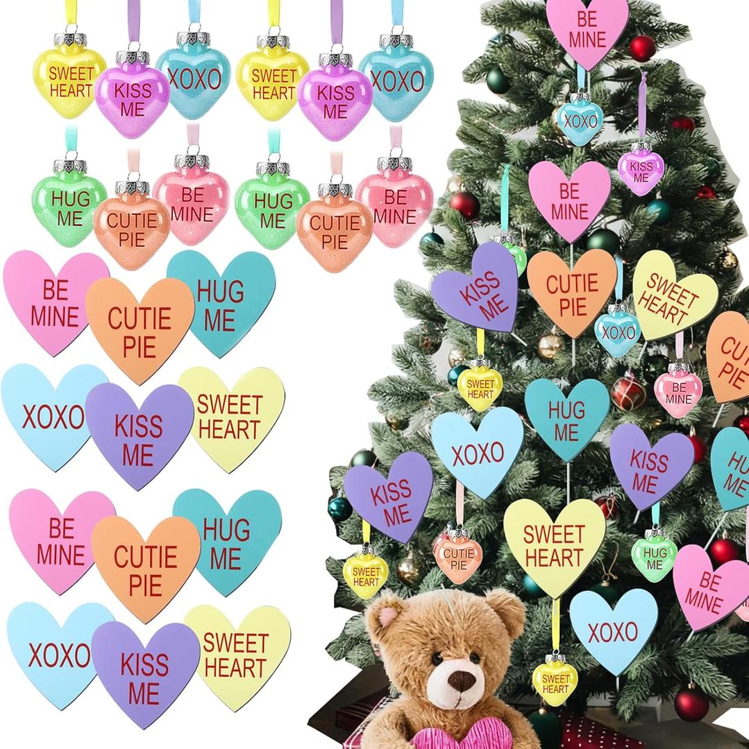 24 Pcs Valentines Day Tree Ornaments Extra Large Candy Hearts with Love Messages XOXO Wooden Heart Decor Tags Romantic Cute Tree Toppers for Wedding Home Decor Love Holiday