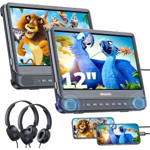 GOnavidio 12" Dual Car DVD Players with HDMI Input, Car TV Screen with Headphones, Mounting Brackets, Support Sync TV/Phone, USB/TF Card, MP4/MKV, Play Same/Different Movies, Dual Speakers, No Battery