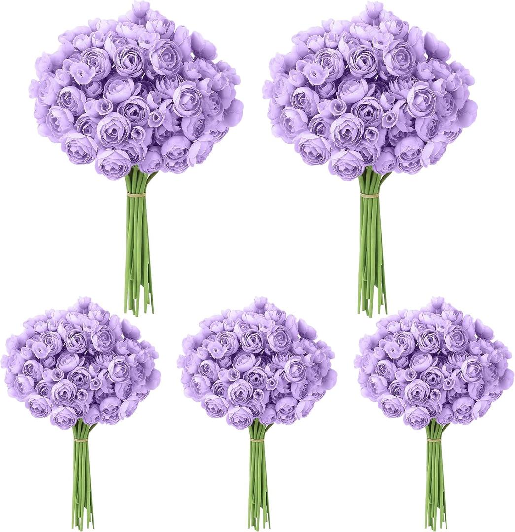 5 Bouquets Purple Ranunculus Artificial Flowers, 30 Pcs Silk Mini Faux Ranunculus Bouquet for Wedding, Bridal Shower, Centerpieces, and DIY Decorations