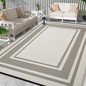 Outdoor Rug 8x10 Ft Waterproof Plastic Straw Rugs for Patio,RV,Beach,Camping, Backyard,Porch, Picnic - Grey&White (Bordered-taupe&white)