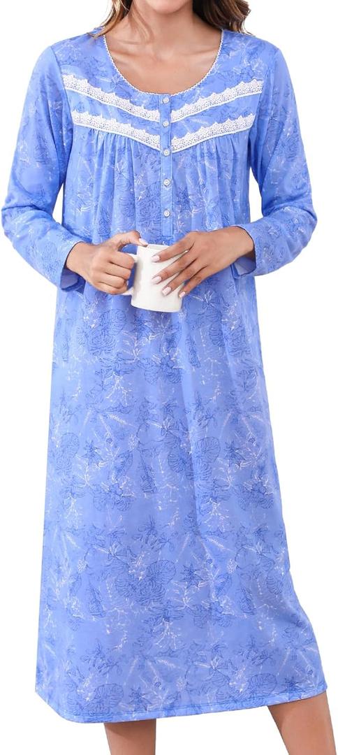 Long Cotton Nightgowns for Women Long Sleeve Night Gowns Women's Sleepwear Full Length Nightdress Soft Loungewear (X-Large, Blue Pattern)