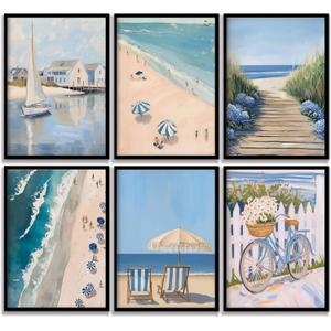 6pcs Coastal Canvas Wall Art Blue Beach Hydrangea Themed Posters Prints Sailboat Bike Flowers beach umbrellas Pictures Wall Decor Ocean View Paintings for Dormitory Apartment Home Decor Unframed, 10"L x 8"W