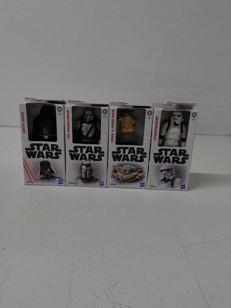 Star Wars 6” Figure Disney Hasbro Figures, Pack of 4 (Darth Vader, The Mandalorian, Grogu & Hover Pram, Stormtrooper)