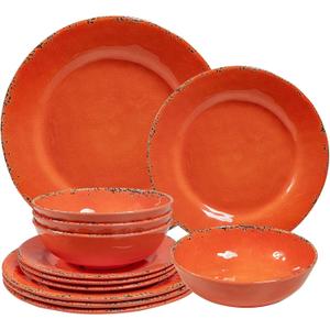 Rustic Melamine Dinnerware Sets, Farmhouse Dishes Set for 4, Lightweight 12 Piece Kitchen Plates and Bowls Set for Indoor and Outdoor Use, Dishwasher Safe, Orange