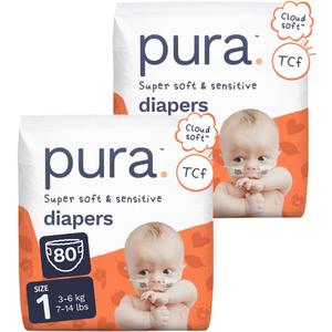 Pura Baby Diapers Size 1-80 Count, 7-14lbs, 12hr Leak Protection, Gentle Newborn Diapers, Hypoallergenic & Sensitive Baby Skin, Toxin-Free*, Blowout Blocker, Wetness Indicator