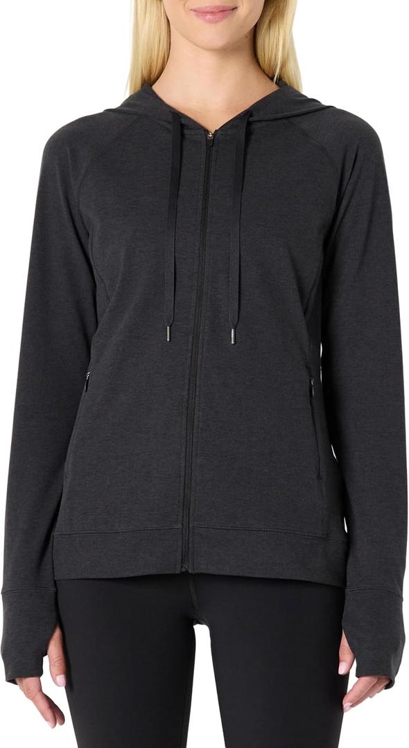 Amazon Essentials Women's Athletic Soft Performance Lightweight Zip Up Workout Hoodie Jacket, Space Dye Black, Large