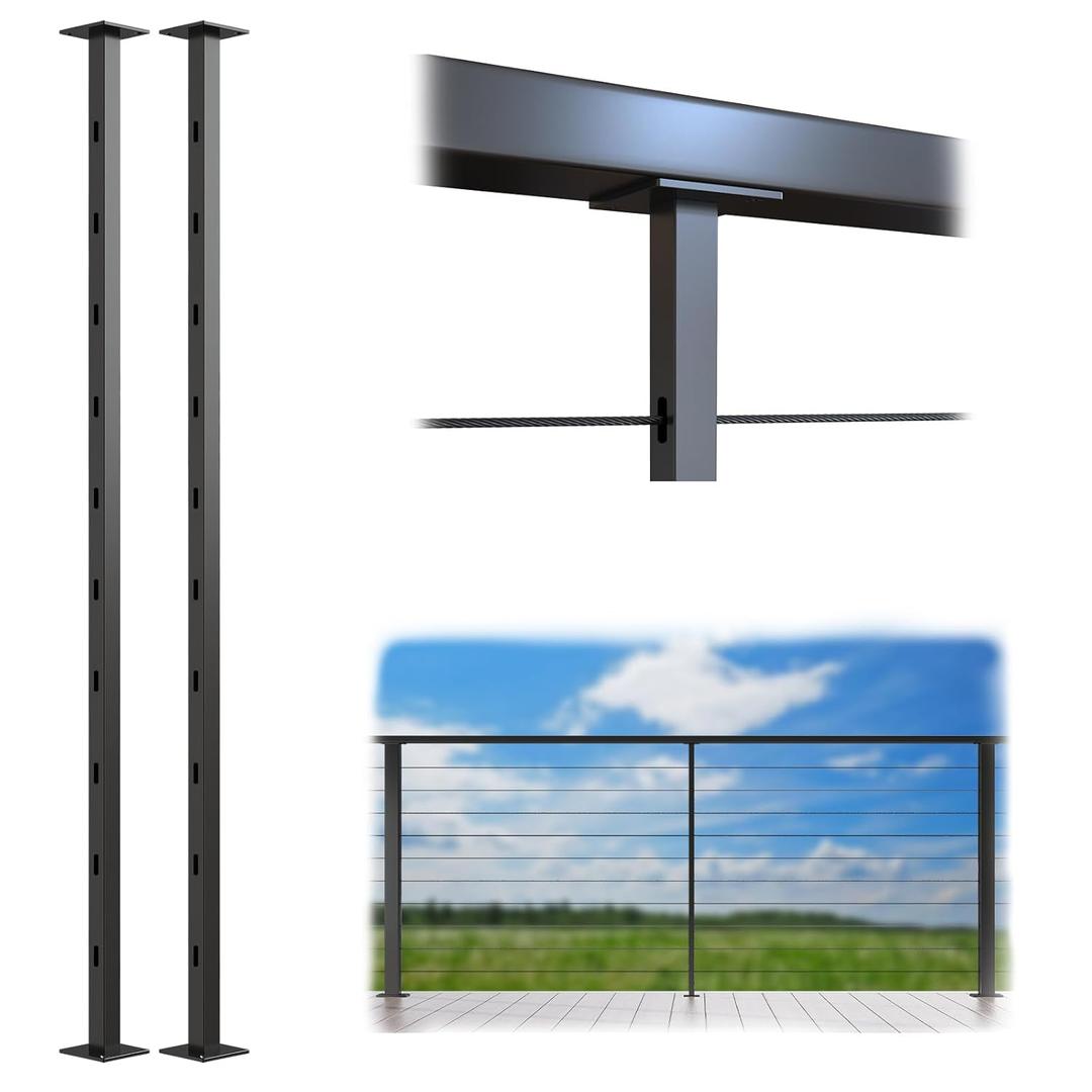 Muzata 2Pack Black Aluminum Intermediate Cable Railing Post Level drilled 36" x3/4" Surface Mount Cable Railing System Kit Square Stabilizer Post with Flat Bracket Indoor Outdoor Seaside PD72 BHAS (2 Pack)