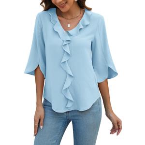 Blooming Jelly Womens Dressy Casual Blouses 3/4 Sleeve V Neck Ruffle Tops Business Ladies Summer Trendy Fashion Work Shirt (Light Blue)