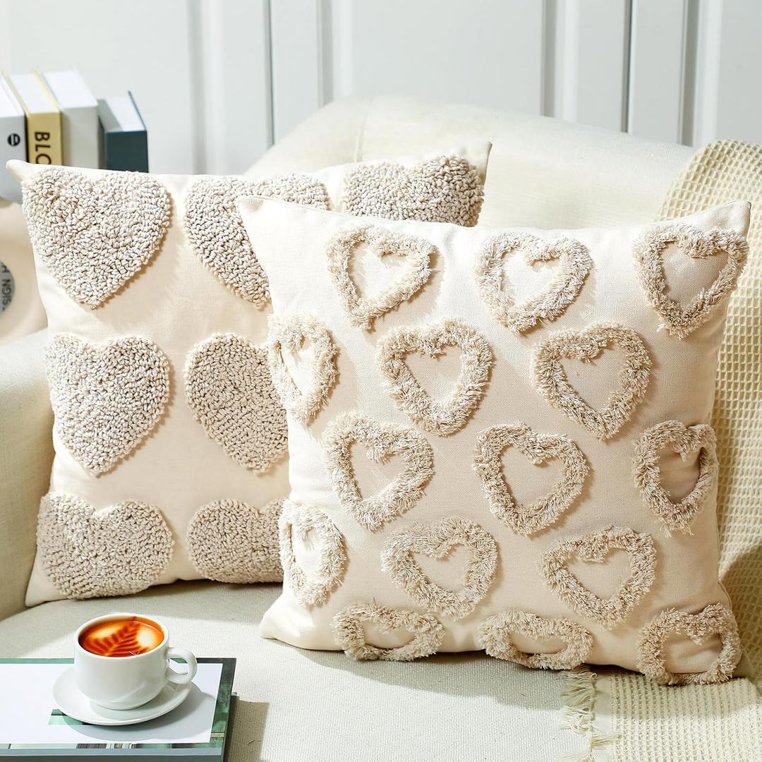 2 Pcs Valentines Throw Pillow Covers with Hearts Decorative Accent Throw Pillow Covers for Couch Sofa Living Room Decor Couple Present Valentine Gift, 18 x 18 Inches