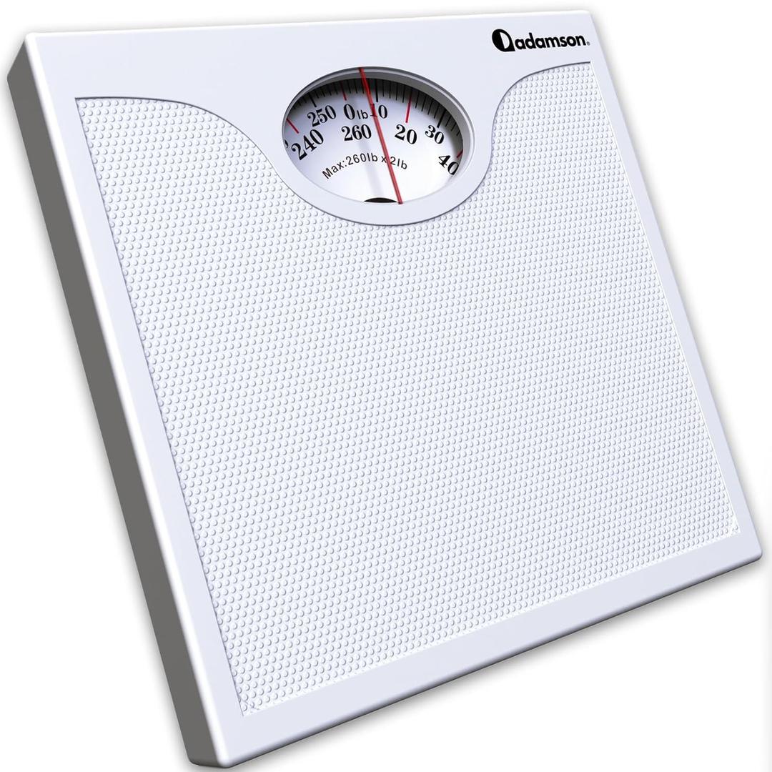 Adamson A22 Bathroom Scale for Body Weight - Up to 260 LB - Anti-Skid Rubber Surface - Analog Bathroom Weight Scales - Affordable - Durable with 20-Year Assurance - White