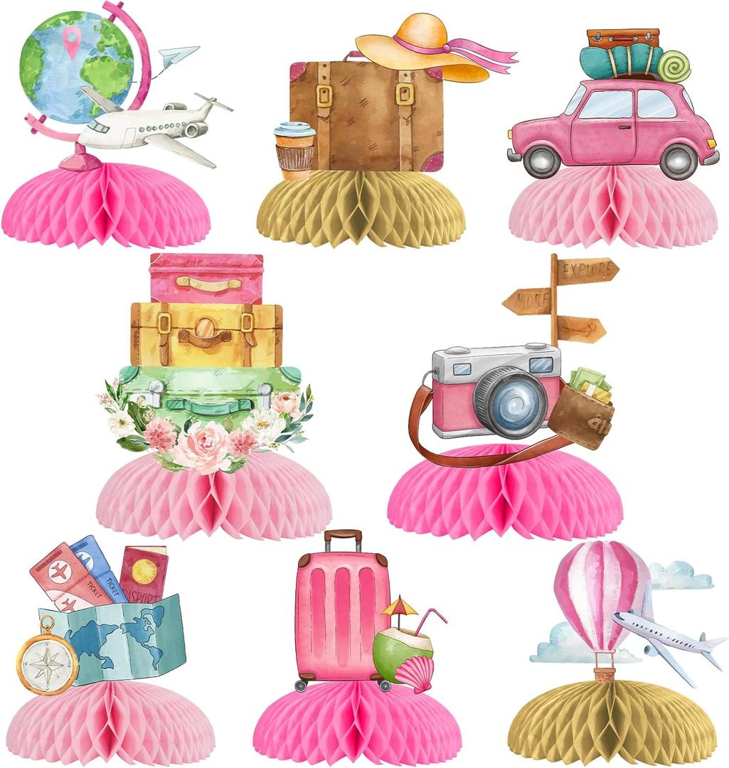 8pcs Travel Honeycomb Centerpieces Pink Travel Party Decorations Travel Themed Party Table Decorations Let the Adventure Begin Table Topper for World Map Birthday Baby Shower