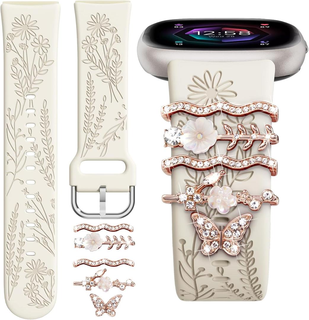 Wildflower Engraved Bands Compatible with Fitbit Sense 2, Versa 4/3, Sense Band with Charms, Soft Silicone Replacement Wristbands Strap with Cute Decorative Rings Accessories for Women (Starlight Band + Rosegold Butterfly Charms)