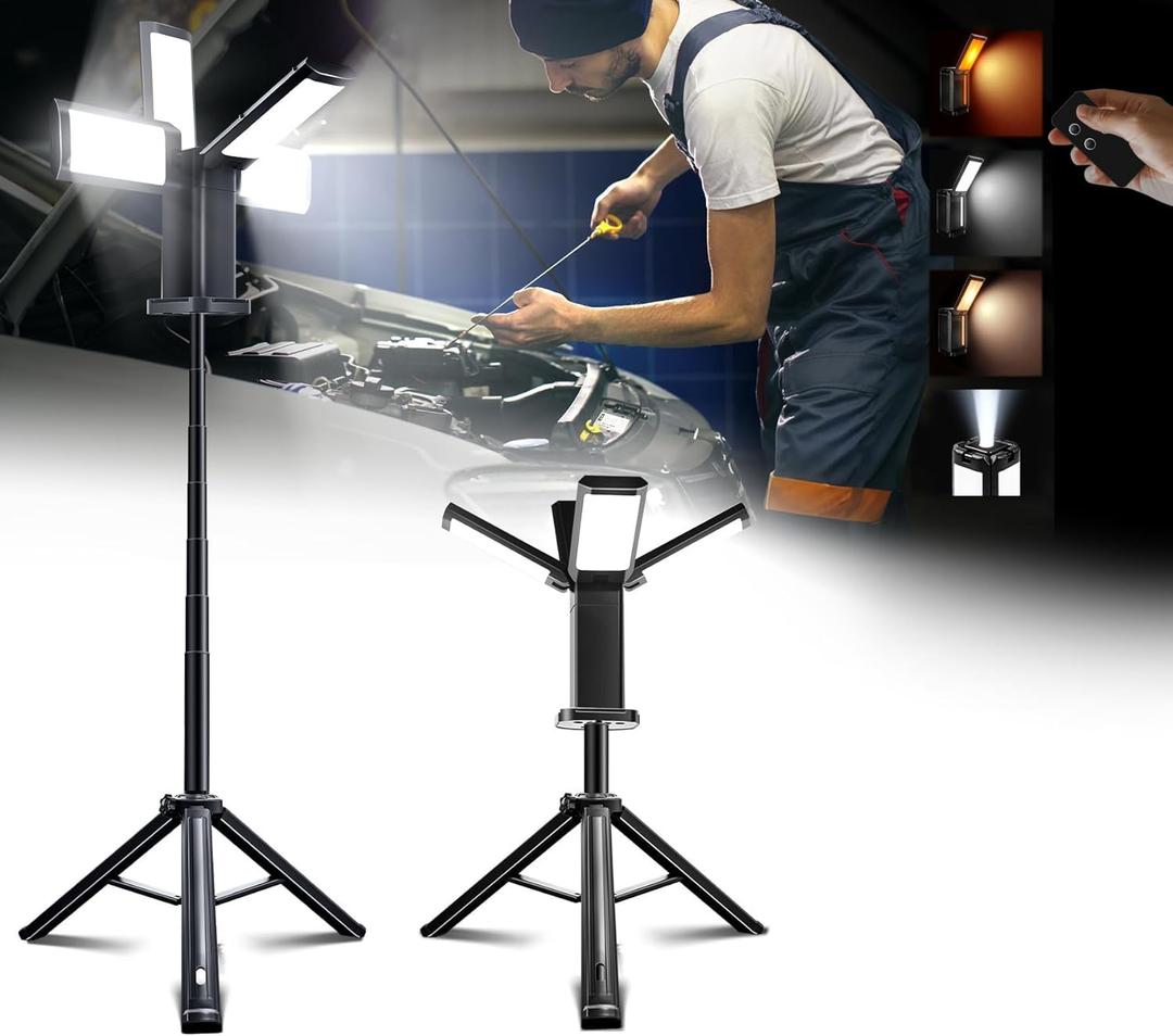 Upgraded Portable Work Light with Remote,4 Head Camping Light with Stand,8000LM Cordless LED Work Lights, Bright Telescopic Camping Lights, 67" Portable Tripod Work Light for Outdoor, Jobsite