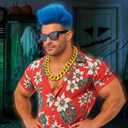 JenPen 4 Pcs Halloween Men's Anime Cosplay Set Including Blue Wig, Shirt, Necklaces and Sunglasses for Robotic Punk Costume (Large)