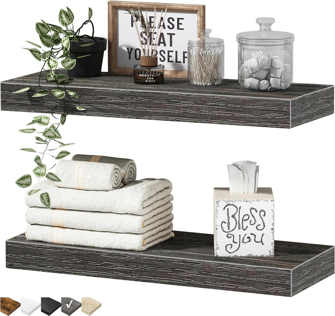 QEEIG Bathroom Floating Shelves for Wall - 15.7" Wall Mounted Shelf Over Toilet Farmhouse Home Decor Display Bookshelf Small 15.7 x 6.7 inch Set of 2, Grey (008-40GY)