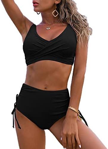 Fanuerg Women's Twist Front High Waisted Bikini Swimsuit Drawstring Tie Side Bottom Two Piece Bathing Suit, Size Large