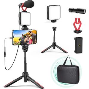 Smartphone Video Vlogging Kit with LED Light, Phone Holder, Microphone, Tripod, Carry Bag, TECELKS YouTube Starter Kit for iPhone/Android, Content Creator Kit for Video Recording Vlogging(Black)