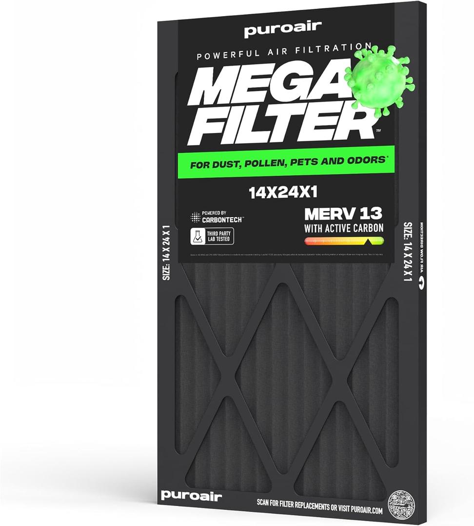 PuroAir MegaFilter - 14x24x1 Air Filter MERV 13 Activated CarbonTech Defense - Heavy Duty 3 Layer Furnace Filters Allergens, Pollen, Dust, Pet Dander, Smoke, Odors - HVAC Air Filter 14x24x1 (1-Pack)