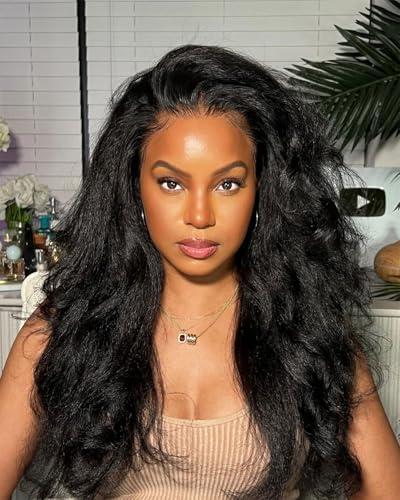 Jupade Kinkystraight Human Hair Wig13x6 Lace Front Yaki Straight Human Hair Wig 22 Inch 200% Density 100% Real Raw Materail Wigs Take Color Well True to length Natural Black Color