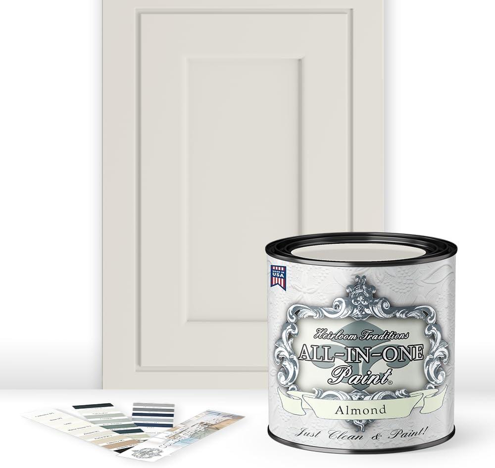 ALL-IN-ONE Paint by Heirloom Traditions, Almond (Neutral White), Quart - Durable cabinet and furniture paint. Built in primer and top coat, no sanding needed. Includes our 30 featured color card.