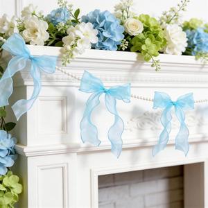 2 Strings Blue Bow Garland Banner, Pre-Strung Fish-Tail Organza Ribbon with 6.5ft Pearl Chain for Baby Shower, Bridal Shower, Wedding, Engagement, Graduation & Anniversary Party Decor