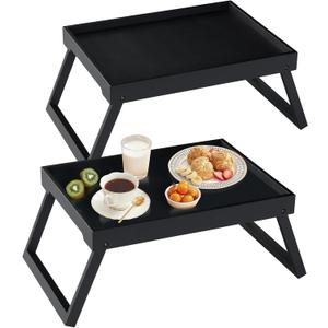 Bamboo Bed Tray Table with Folding Leg, Breakfast for Eating, Kitchen Serving, Food,Sofa, Snacking, Laptop Desk Dinner,2 Pack (Black)