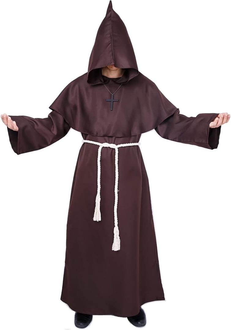 Myir JUN Monk Robe Medieval Friar Monk Priest Hooded Robe Cloak Halloween Tunic Hooded Uniform Monk Costume Cosplay Costume (X-Large, B-brown)
