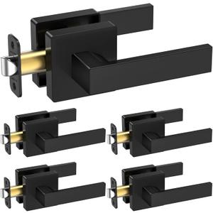 TICONN 5 PK Matte Black Door Handles Interior, Reversible Square Door Knobs Lever for Bedroom, Bathroom, Rooms (Passage, Zinc Alloy)