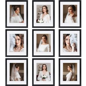 11x14 Picture Frame Set of 9, Display Pictures 8x10 with Mat or 11x14 without Mat, Multi Collage Gallery Square Photo Frames for Wall or Tabletop, Black