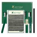KEYYOU Lash Clusters Kit 144pcs Thick Volume D Curl Eyelash Clusters Lash Extension Kit with Mascara Brush Bond and Seal Glue Remover Applicators and Brush for DIY Lash Extensions (Y02)