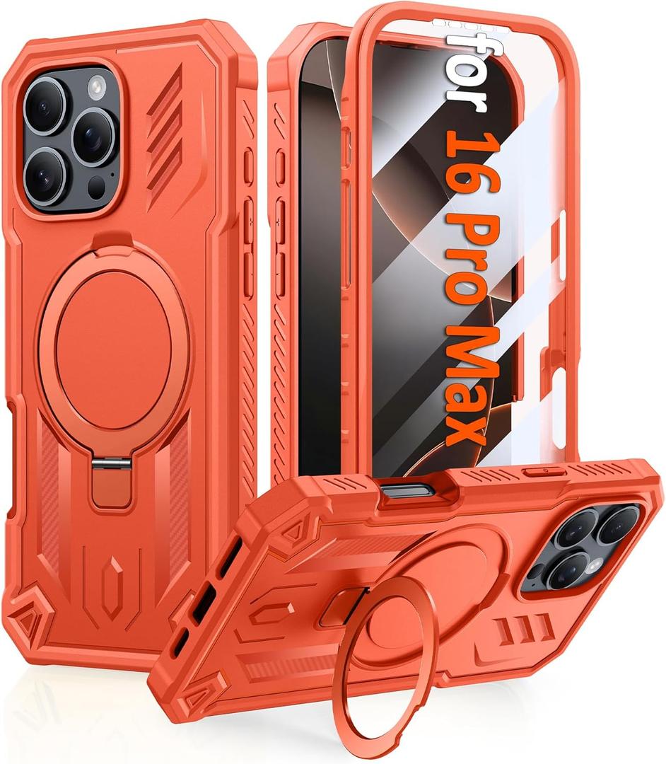 FNTCASE for iPhone 16 Pro-Max Case: Magnetic Phone Cases with [Ring Kickstand] [Built-in Screen Protector] [Heavy Duty Military Grade Protection] Shockproof Full Body Protective Hard Cases Orange