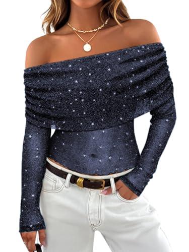 FEMLE Women Sparkly Off The Shoulder Sheer Mesh Tops Glitter Star See Through Long Sleeve Foldover Top Party Concert Outfits Dark Blue L