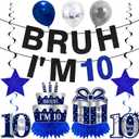 Kuxriox 11Pcs 10th Birthday Decorations for Boys Men, Blue Sliver Happy 10th Birthday Banner, Bruh I'm 10 Balloons Centerpieces Swirls Party Supplies, 10 Years Bday Banner Ceiling Table Topper Sign