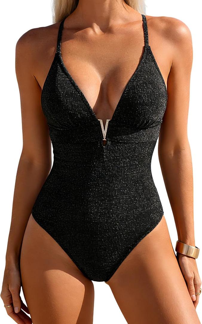 Aidonger One Piece Swimsuit Sexy Deep V Neck Bathing Suit for Women Slimming Low Back Swimwear Tummy Control Swim Suit
