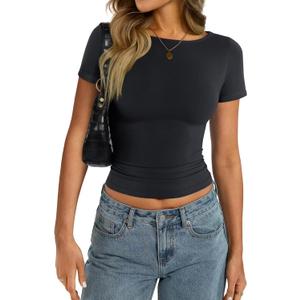 Womens Cotton Boat Neck Short Sleeve Shirts Summer Crop Tops Basic Going Out Tee Fashion Y2K Outfits 2025 (XX-Large, True Black)