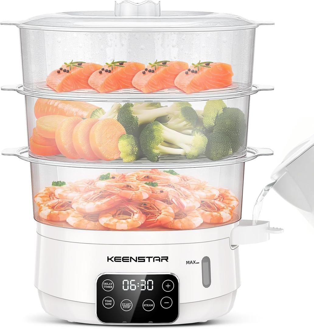 Keenstar Electric Food Steamer, 13.7QT Vegetable Steamer with 3 Tiers BPA-Free Baskets, Digital Steamer with Appointment and Timer, 800W Simultaneous Cooking, Ideal for Veggies Seafood Rice