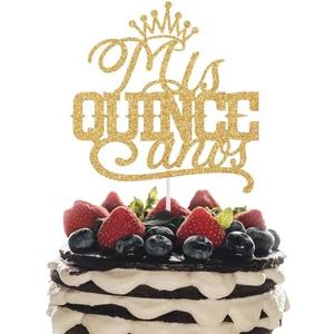 Pack Of 2 Mis Quince Anos Cake Topper, Feliz 15 Anos, Happy 15th Birthday Party Decorations, Mis Quince Decor, Cheers to 15 Years Birthday Decor Gold Glitter