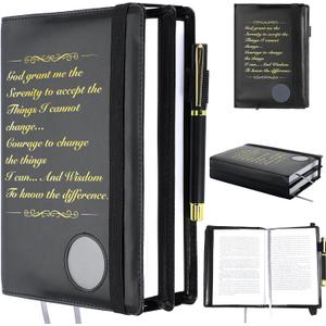 Double Alcoholics Anonymous AA Big Book Cover for 12 Steps & 12 Traditions With Medallion Holder, Pen Clip - AA Gifts for Serenity Prayer, Black