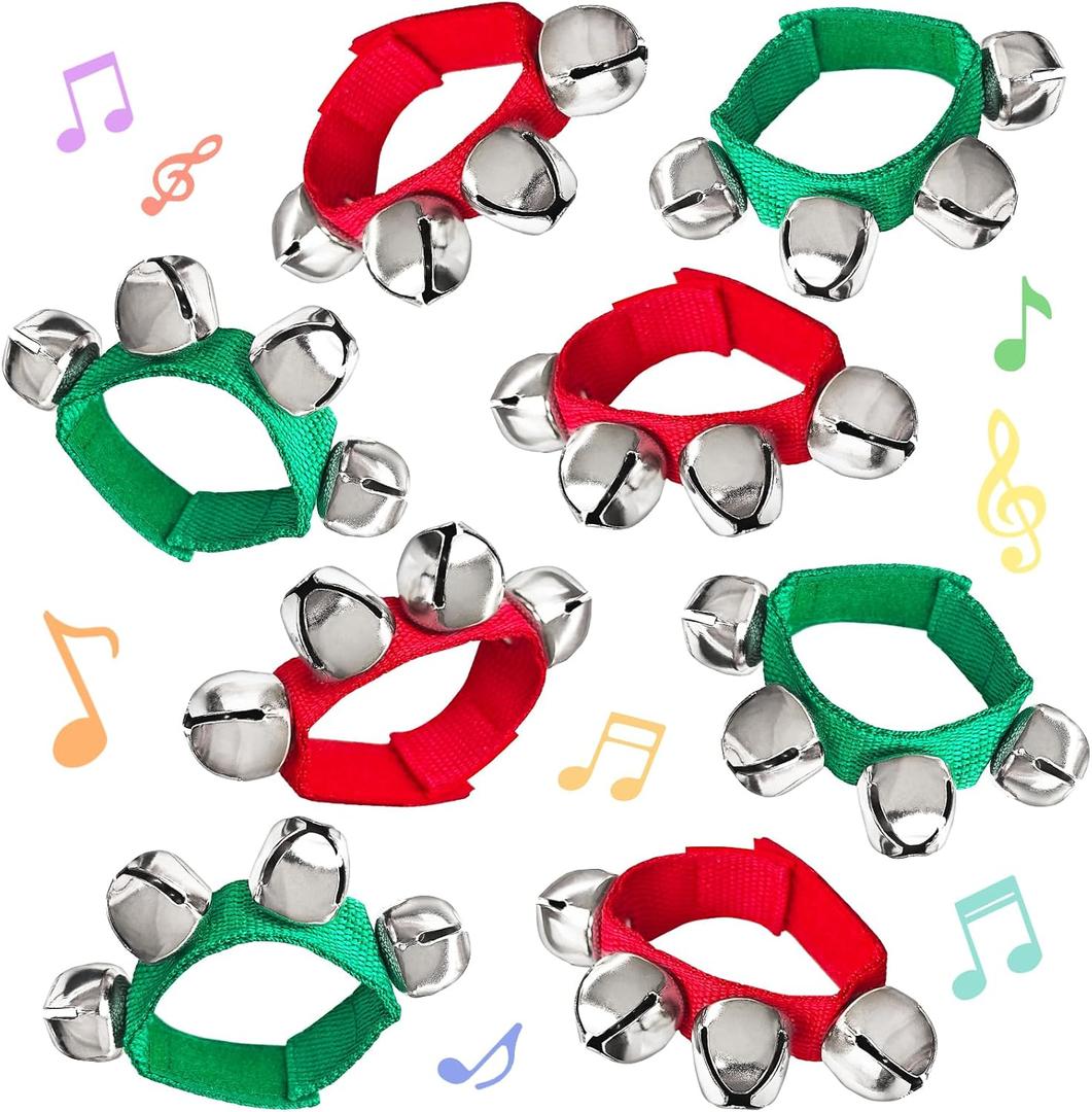8 Pcs Christmas Wrist Bells, Adjustable Jingle Bell Wrist & Ankle Bands, Percussion Accessories for Holiday Parties, Music Activities & Festive Events